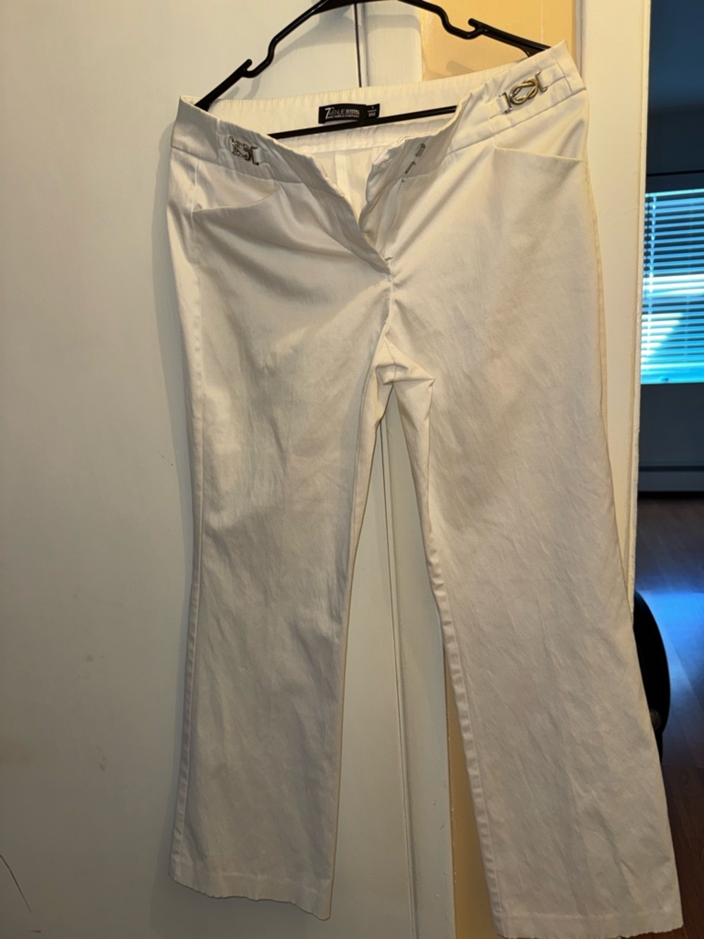 New York & Company White Boot-Cut Pants with Buckle Detail